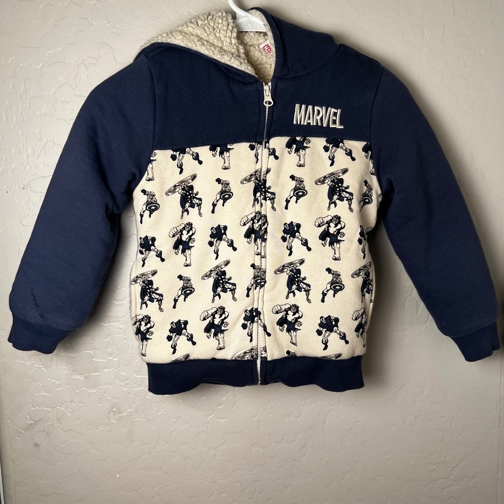 Marvel Avengers Kids Sherpa Lined Zip Up Hoodie Navy Blue Vintage Print Size 6